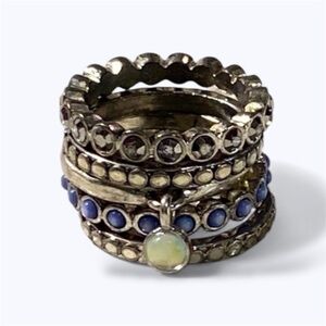 Opalite Hematite and Blue Gem Intricate Stainless Steel Ring Stack Sz 6.5